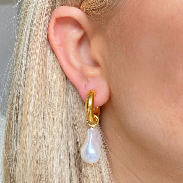 Chunky Gold Hoops with Detachable Baroque Pearl Charm
