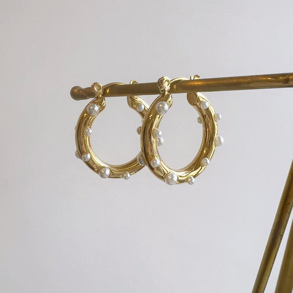 Chunky Pearl Studded Gold Stainless Steel Hoop Earrings