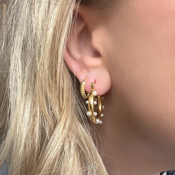Chunky Pearl Studded Gold Stainless Steel Hoop Earrings