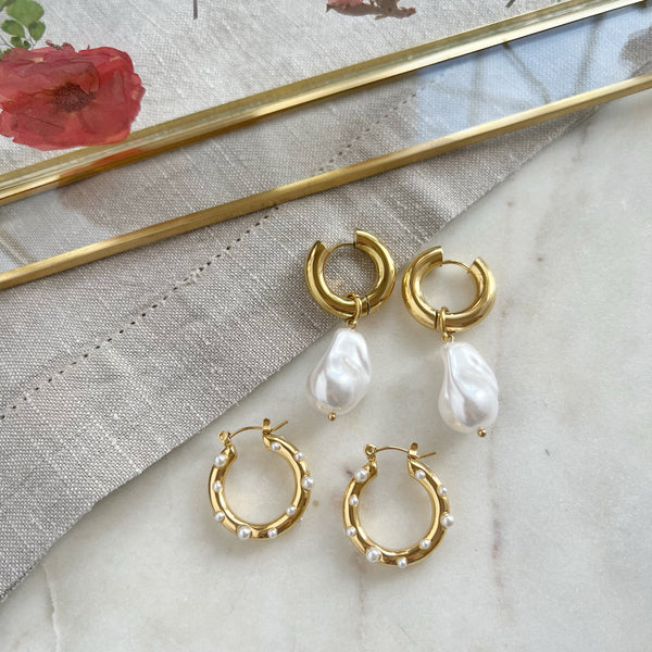 Chunky Pearl Studded Gold Stainless Steel Hoop Earrings