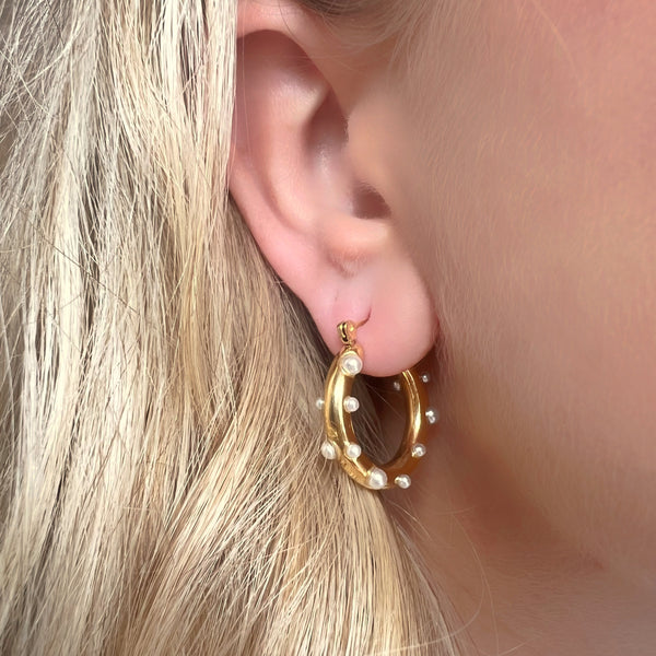 Chunky Pearl Studded Gold Stainless Steel Hoop Earrings