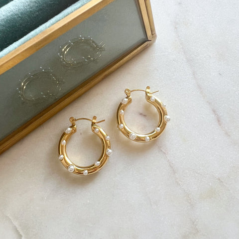 Chunky Pearl Studded Gold Stainless Steel Hoop Earrings