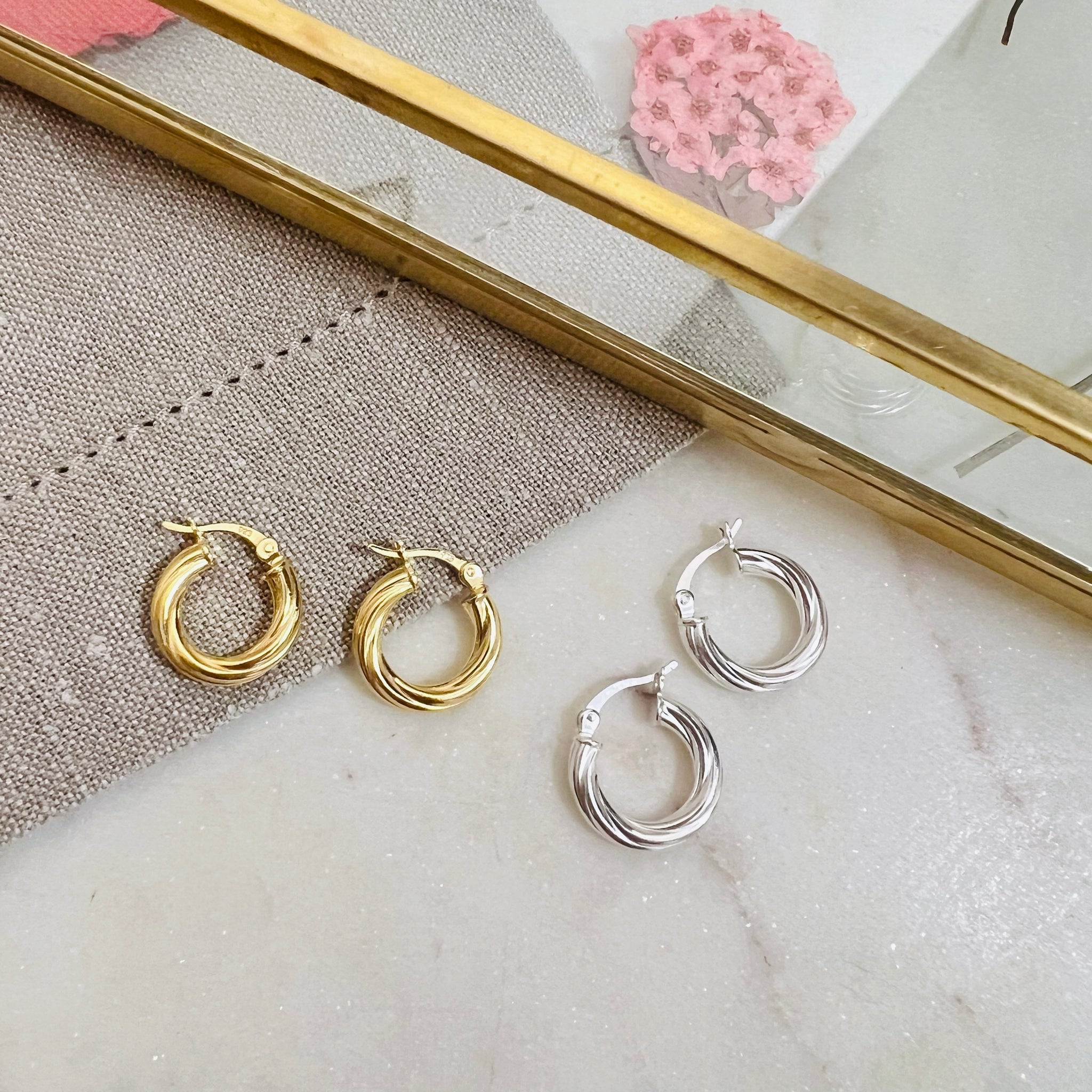 Twisted Mini Hoop Earrings in Sterling Silver or Gold